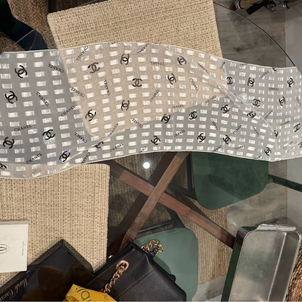 CHANEL White and Black Logo Sheer Silk Scarf - Picture 2 of 3